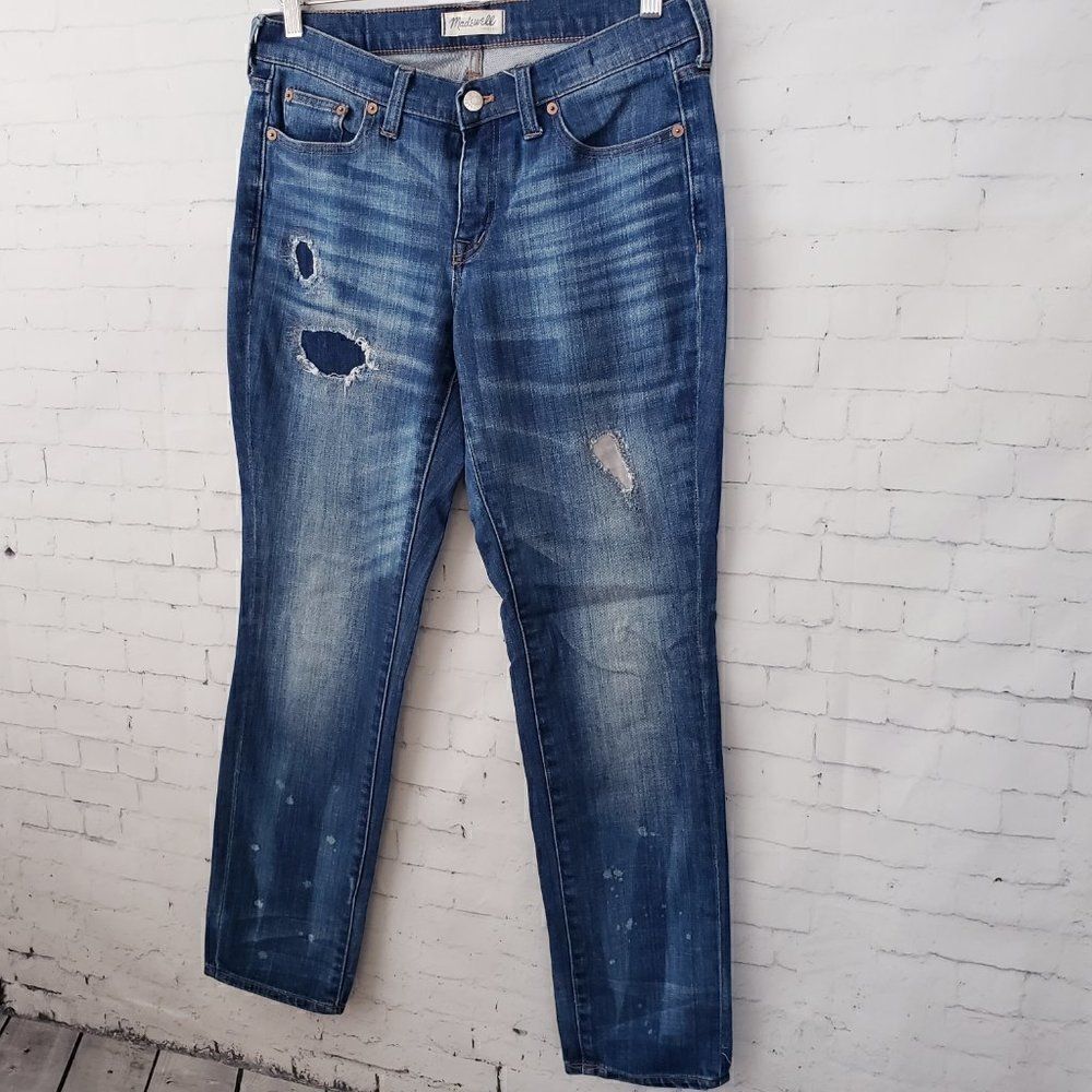 Madewell Slim Boyjean Size 27 Patches Distressed Dark Wash Denim Cotton Blend - Picture 2 of 9